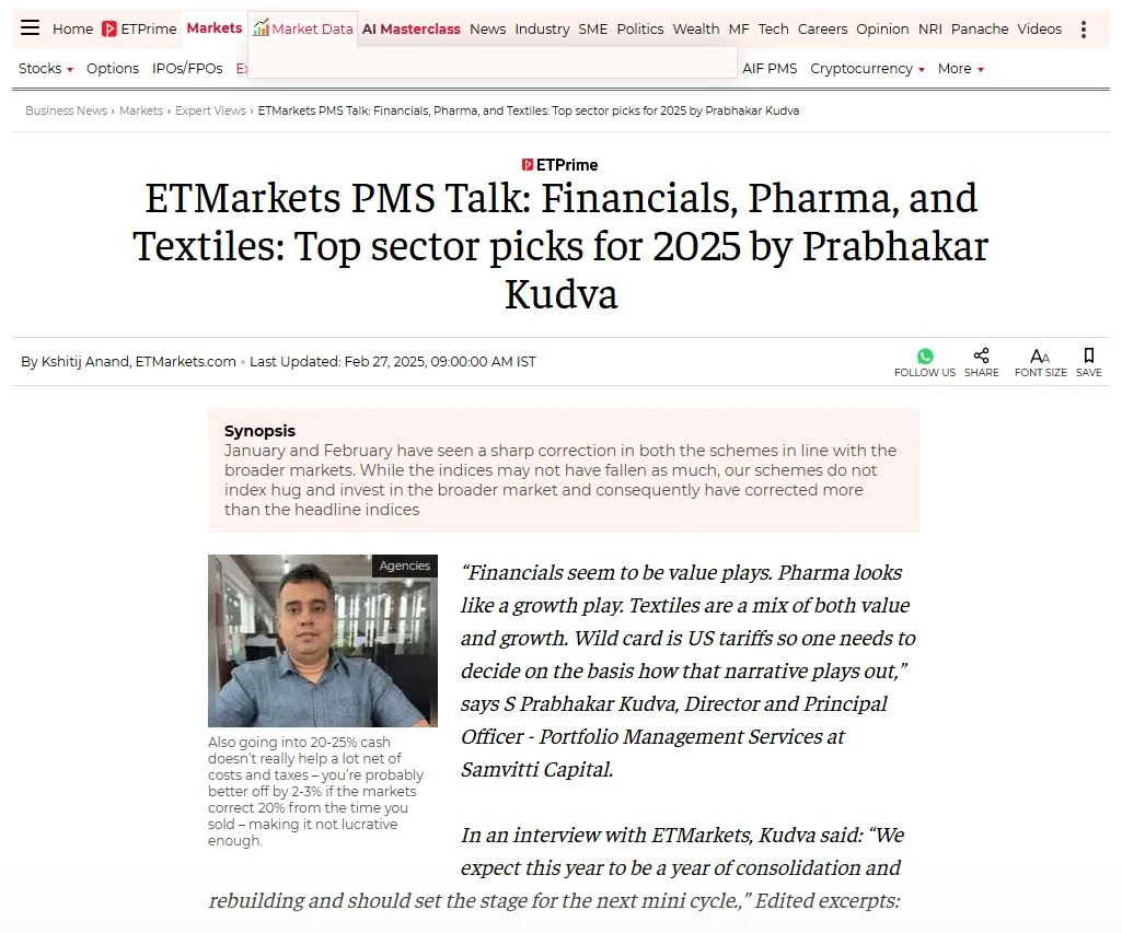 ETMarkets PMS Talk: Financials, Pharma, and Textiles: Top sector picks for 2025 by Prabhakar Kudva